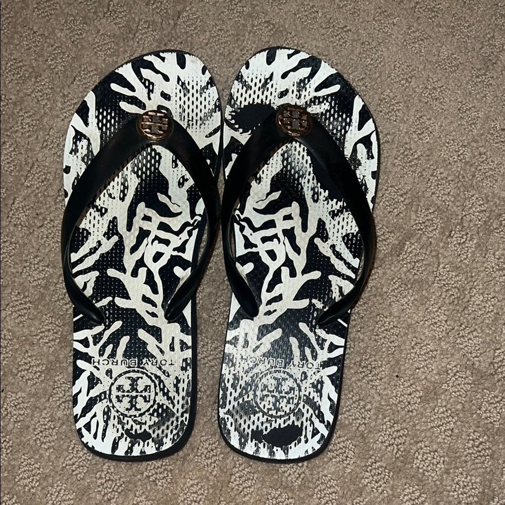 Tory Burch Black and White Sandals with Geometric Pattern